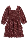 Walking On Sunshine Kids' Long Sleeve Tiered Dress In Burgundy