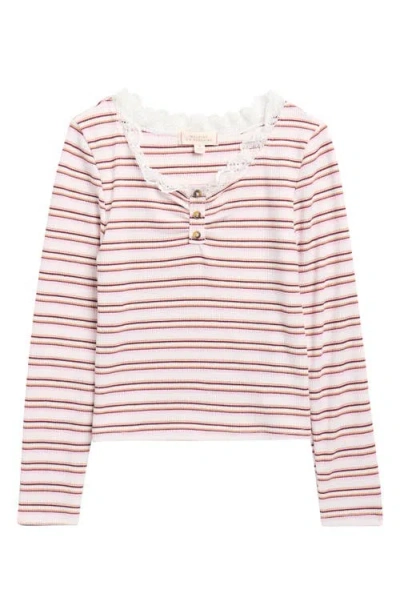 Walking On Sunshine Kids' Stripe Lace Trim Rib Henley In Multi