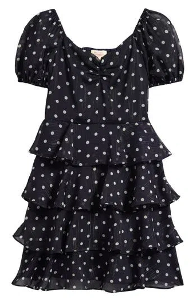 Walking On Sunshine Kids' Tiered Dot Print Dress In Navy Ivory Dot