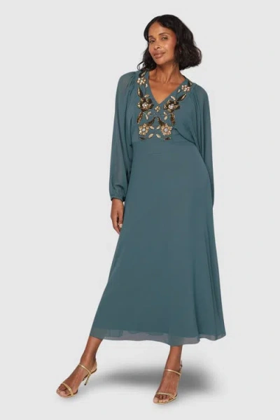 Wallis Embellished Balloon Sleeve Midi Dress In Green