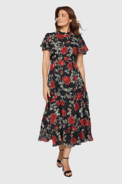 Wallis Floral Burn Out Ruffle Midi Dress In Black
