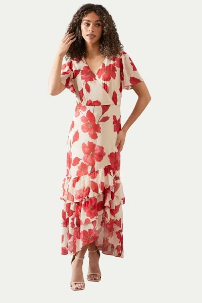 Wallis Floral Frill Hem Chiffon Maxi Dress In Red