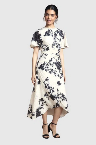 Wallis Floral Jacquard Cape Sleeve Midi Dress In White