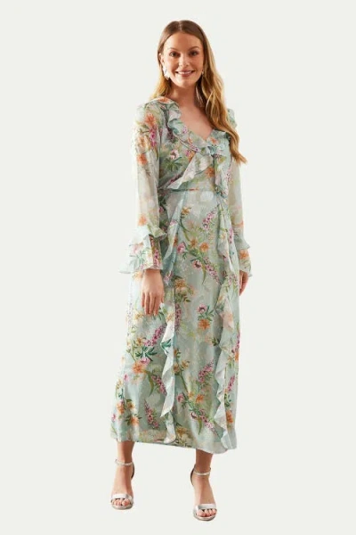 Wallis Floral Ruffle Belted Midaxi Dress In Green