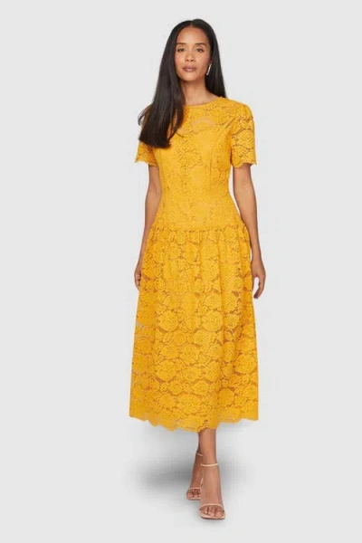 Wallis Lace Button Detail Drop Hem Midi Dress In Yellow