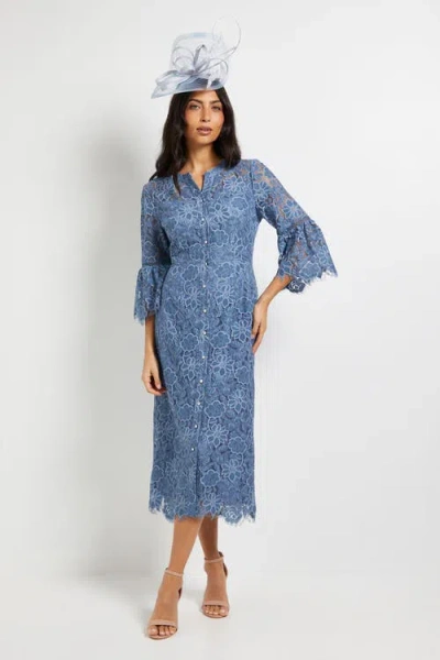 Wallis Lace Button Flute Sleeve Midi Dress In Blue