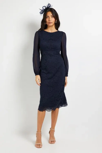 Wallis Lace Chiffon Cowl Back Pencil Dress In Blue