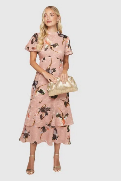 Wallis Petite Floral Burn Out Ruffle Midi Dress In Pink