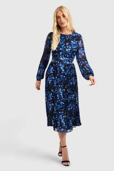 Wallis Petite Floral Pleated Midi Dress In Blue