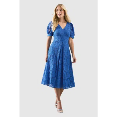 Wallis Petite Lace V-neck Tea Midi Dress In Blue