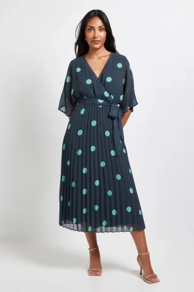 Wallis Petite Spot Pleated Midi Dress In Green