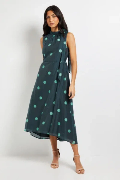 Wallis Spot Tie Neck Sleeveless Midi Dress In Green