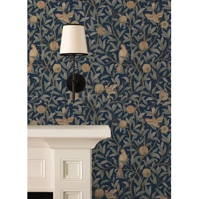 Wallpops Bird And Pomegranate Linen And Sage Peel And Stick Wallpaper In Dark Blue