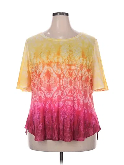 Pre-owned Walmart Short Sleeve Top Yellow Tie-dye Pattern Scoop Neck Tops