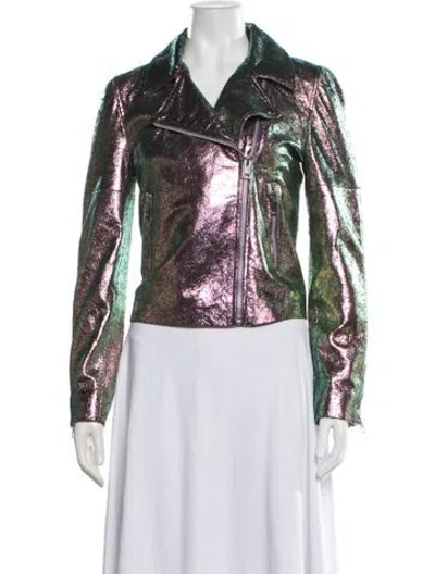 Pre-owned Walter Baker Lamb Leather Patterned Biker Jacket In Green