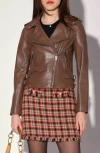 Walter Baker Liz Leather Crop Moto Jacket In Brown
