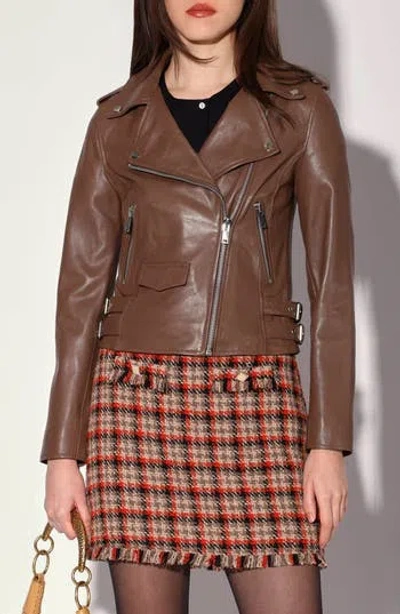Walter Baker Liz Leather Crop Moto Jacket In Burgundy