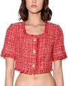 Walter Baker Rita Short Sleeve Cropped Tweed Top In Red