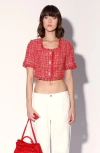 Walter Baker Rita Short Sleeve Cropped Tweed Top In Red
