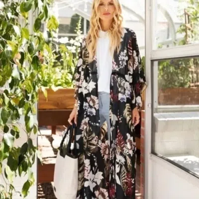 Walter Baker Tulum Sheer Floral Print Kimono Longline Duster In Black In Multi