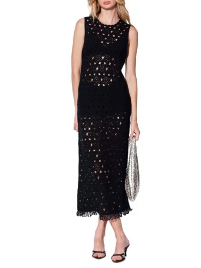 Walter Baker Women's Brianna Crochet Knit Fringe Midi Dress In Cream Black