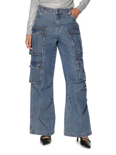 WALTER BAKER WOMEN'S DARK WASH TYREE WIDE-LEG DENIM CARGO PANTS