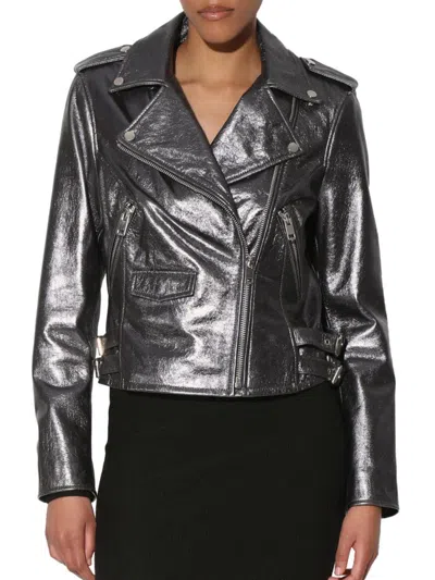Walter Baker Liz Metallic Leather Crop Moto Jacket In Gunmetal