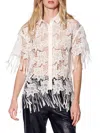 Walter Baker Women's Sheer Floral Fringe Lace Button Shirt