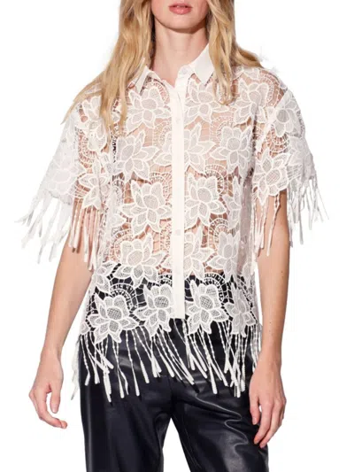 Walter Baker Women's Sheer Floral Fringe Lace Button Shirt