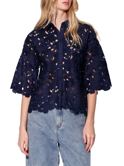 WALTER BAKER WOMEN'S SHEER FLORAL FRINGE LACE BUTTON SHIRT