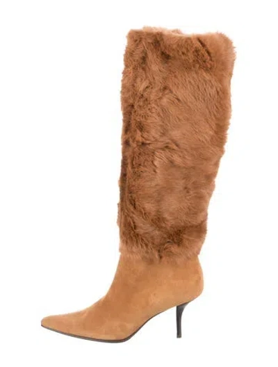Pre-owned Walter Steiger Suede Fur Trim Boots In Brown
