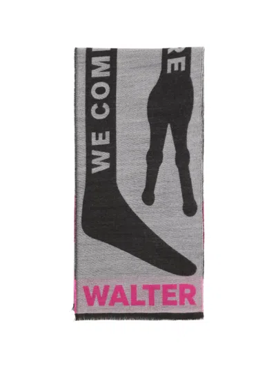 Walter Van Beirendonck Graphic-knit Fringed Scarf In Gray
