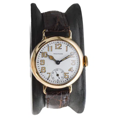 Pre-owned Waltham 14kt. Gold Campaign Style Watch From 1915 With Original Enamel Dial 1929 In Multi