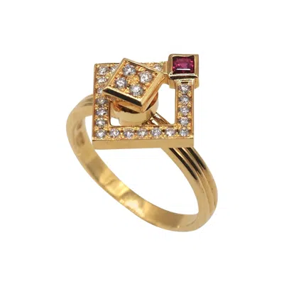 Pre-owned Waltham K18 Yellow Gold Diamond And Ruby Geometric Ring