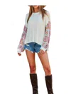 Wanna B If I Fall Crochet Sleeve Sweater In White Multi In Blue