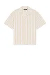 Wao Textured Stripe Camp Shirt In White & Sand