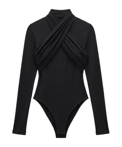 Wardrobe.nyc Ruched Crossover Bodysuit In Black
