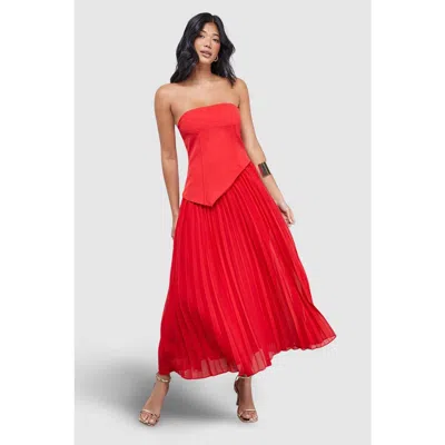 Warehouse Bandeau Bodice Pleated Midi Dress In Red