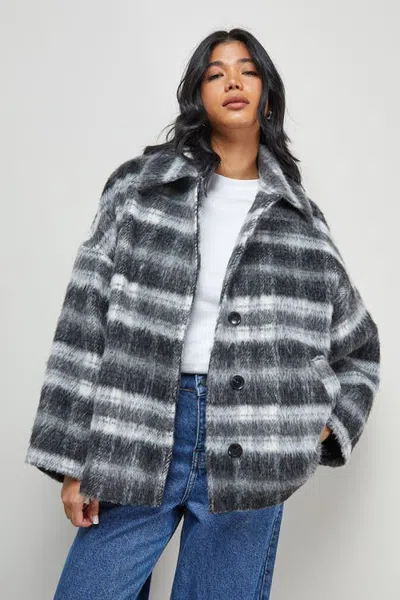 Warehouse Check Oversized Short Car Coat In Gray
