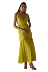 Warehouse Chiffon Fringe Trim Cut Out Maxi Dress In Green