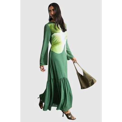 Warehouse Chiffon Placement Print Midaxi Dress In Green