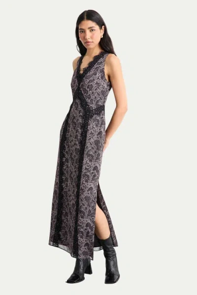 Warehouse Chiffon Printed Lace Trim Dress In Black