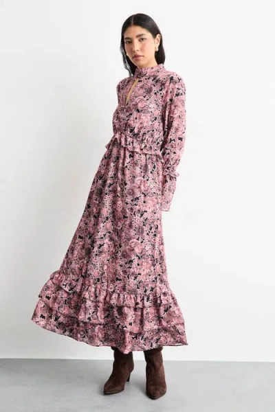 Warehouse Chiffon Shirred High Neck Midi Dress In Pink