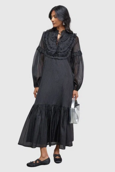 Warehouse Crinkle Stripe Frill Midi Dress In Black