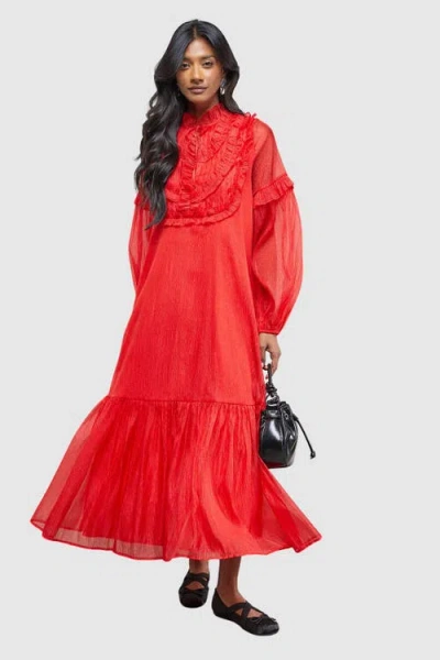 Warehouse Crinkle Stripe Frill Midi Dress In Red