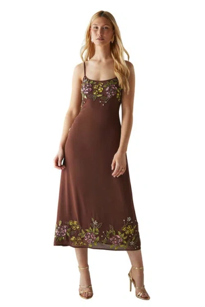 Warehouse Embellished Strappy Sequin Midi Dress In Brown