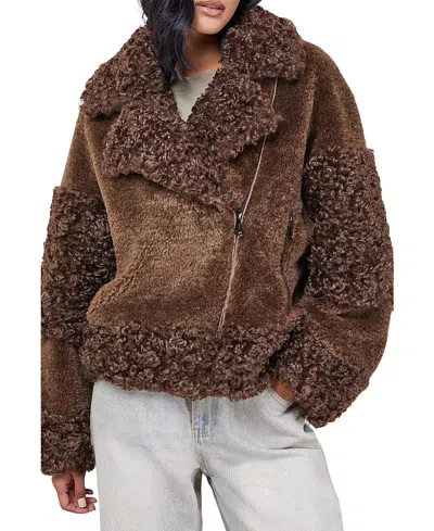 Warehouse Faux Fur Mix Zip Through Jacket In Brown