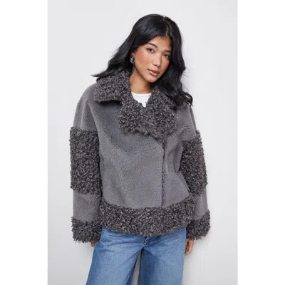 Warehouse Faux Fur Mix Zip Through Jacket In Gray