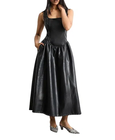 Warehouse Faux Leather Whipstitch Trim Midi Dress In Black