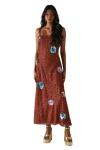 Warehouse Hand Embellished Flower Burst Midi Dress In Brown